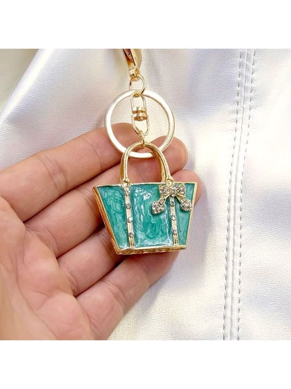 NWT Gorgeous Green & Gold Metal Bling Purse Handbag Lobster Keyring Key holder